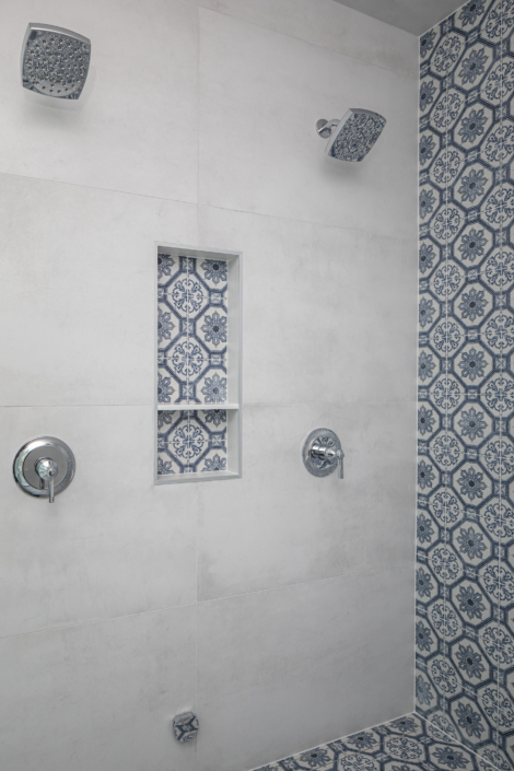 blue patterned shower niche