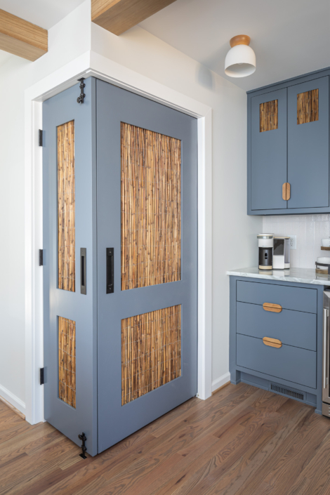 blue door with rattan insert
