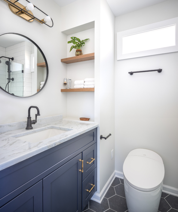 blue and white secondary bathroom