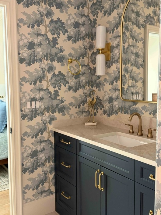 wakefield IMG_1451 Bathroom vanity featuring dark cabinetry, a light countertop, brass fixtures, and a colorful blue and white botanical wallpaper.